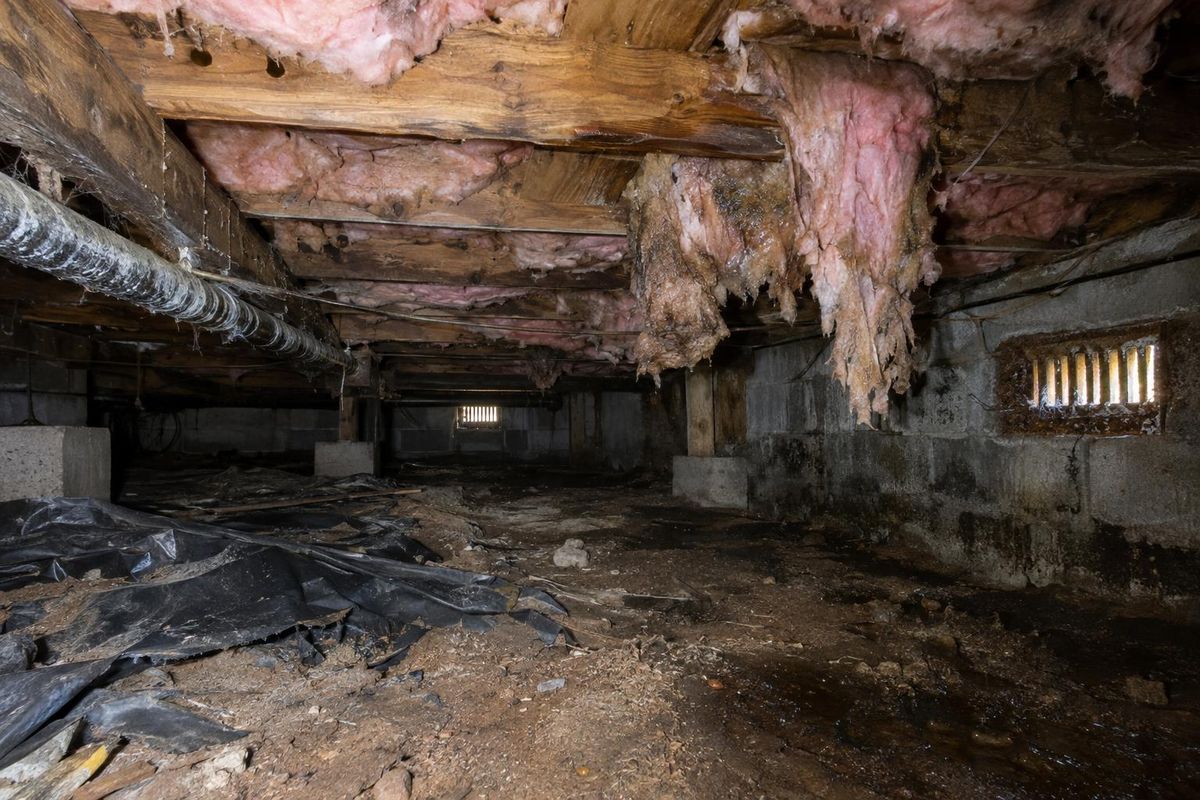 Damp, neglected crawl space, now sealed, before
